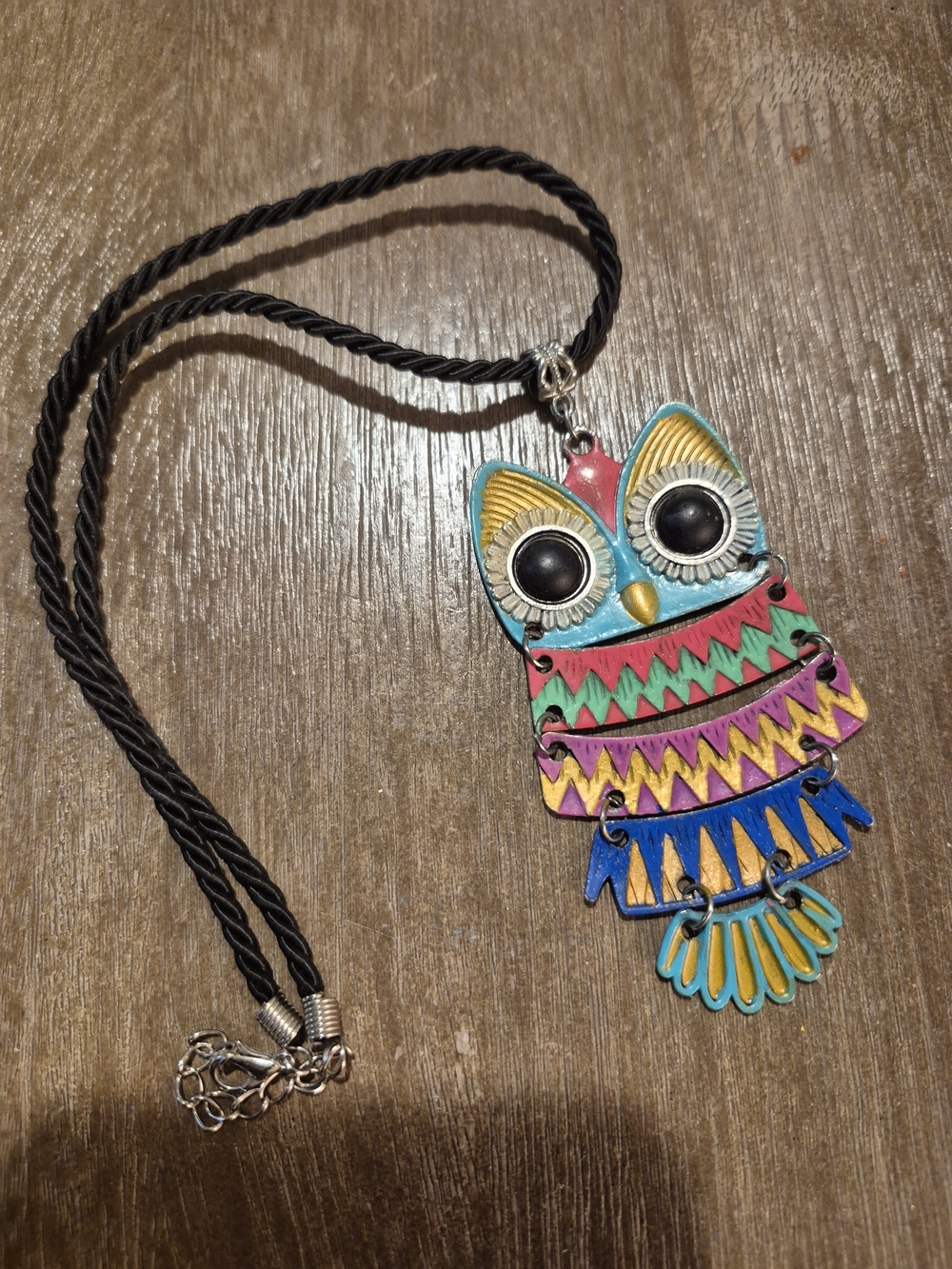 Colorful Articulated Owl Pendant Necklace, Hand-made & Painted